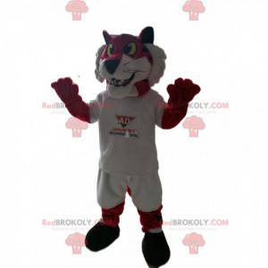 Mascotte de tigre rouge en tenue de sport blanche. Costume de