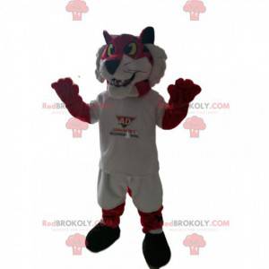Red tiger mascot in white sportswear. Lion costume -