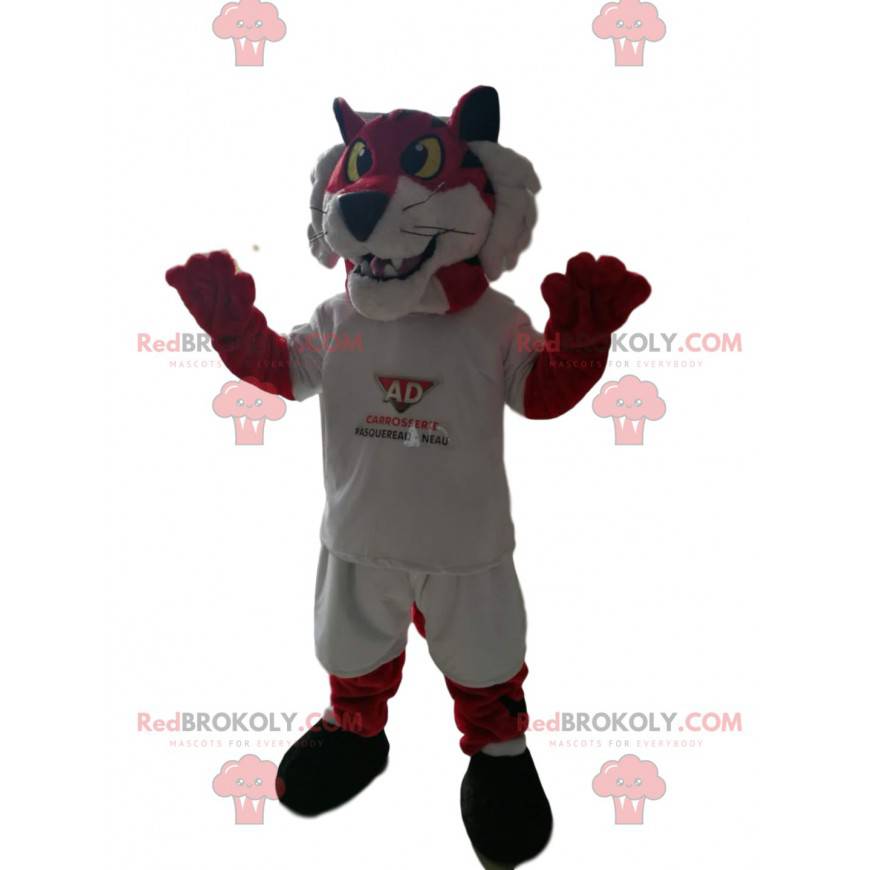 Red tiger mascot in white sportswear. Lion costume -