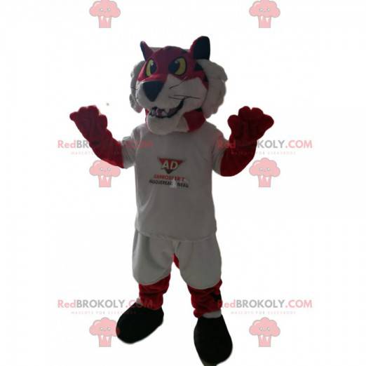 Mascote tigre vermelho em sportswear branco. Fantasia de leão -