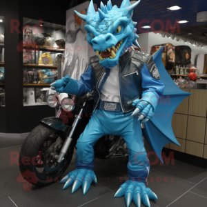 Cyan Dragon mascot costume character dressed with a Moto Jacket and Shoe clips