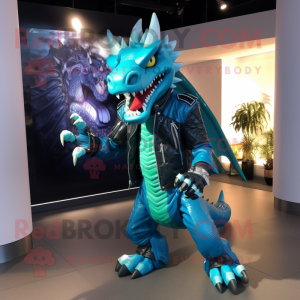 Cyan Dragon mascot costume character dressed with a Moto Jacket and Shoe clips