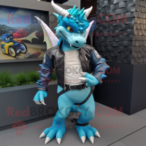 Cyan Dragon mascot costume character dressed with a Moto Jacket and Shoe clips