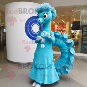 Cyan Sea Horse mascot costume character dressed with a Circle Skirt and Rings