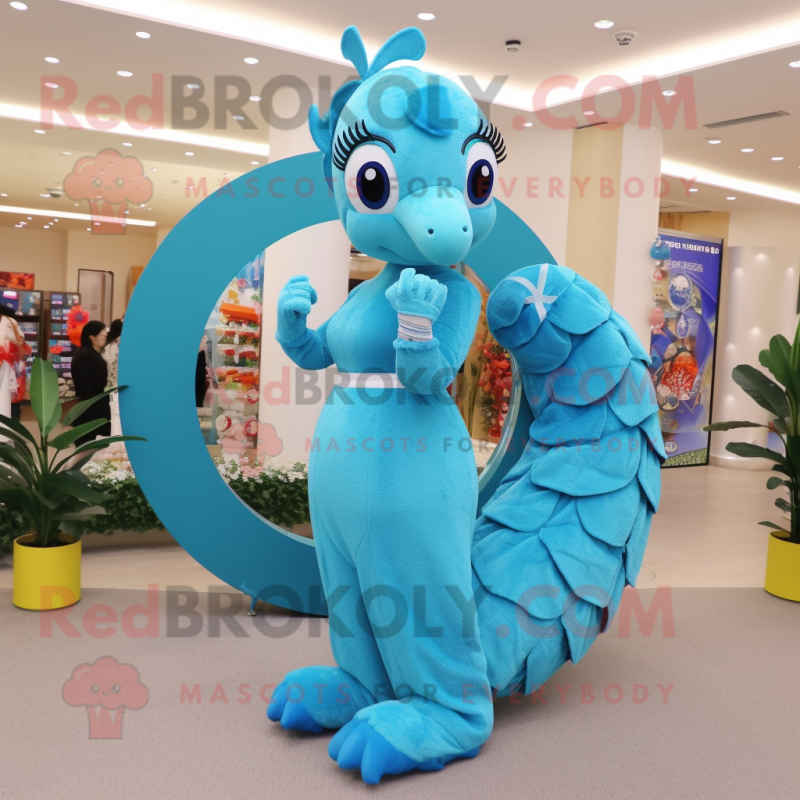 Cyan Sea Horse mascot costume character dressed with a Circle Skirt and Rings Cyan Sea Horse mascot costume character dressed with a Circle Skirt and Rings