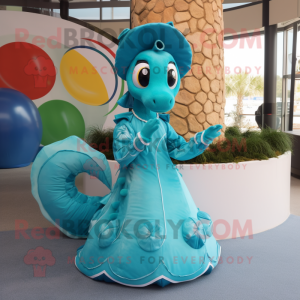 Cyan Sea Horse mascot costume character dressed with a Circle Skirt and Rings