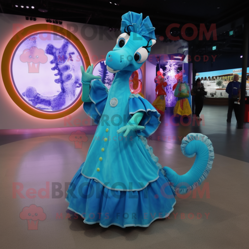 Cyan Sea Horse mascot costume character dressed with a Circle Skirt and Rings