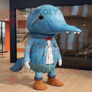 Rust Blue Whale mascot costume character dressed with a Poplin Shirt and Shoe laces