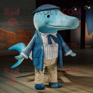 Rust Blue Whale mascot costume character dressed with a Poplin Shirt and Shoe laces