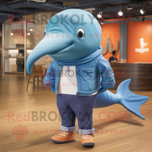 Rust Blue Whale mascot costume character dressed with a Poplin Shirt and Shoe laces