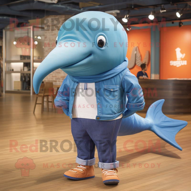 Rust Blue Whale mascot costume character dressed with a Poplin Shirt and Shoe laces Rust Blue Whale mascot costume character dressed with a Poplin Shirt and Shoe laces