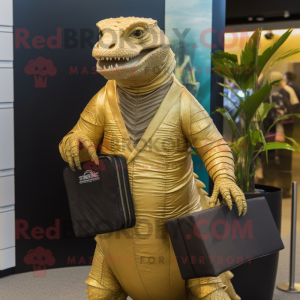 Gold Komodo Dragon mascot costume character dressed with a Pleated Skirt and Briefcases