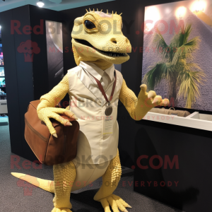 Gold Komodo Dragon mascot costume character dressed with a Pleated Skirt and Briefcases