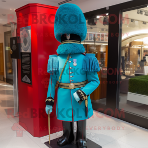Turquoise British Royal Guard mascot costume character dressed with a Cocktail Dress and Earrings