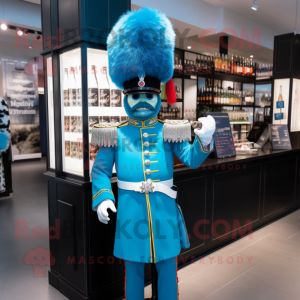 Turquoise British Royal Guard mascot costume character dressed with a Cocktail Dress and Earrings