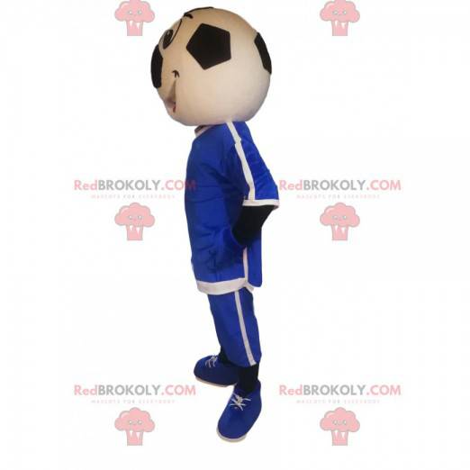 Mascote do personagem com uma cabeça de bola de futebol