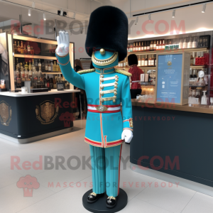 Turquoise British Royal Guard mascot costume character dressed with a Cocktail Dress and Earrings