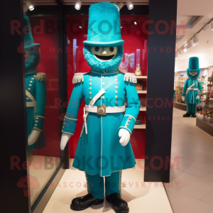 Turquoise British Royal Guard mascot costume character dressed with a Cocktail Dress and Earrings