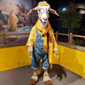 Yellow Boer Goat mascot costume character dressed with a Denim Shorts and Scarves