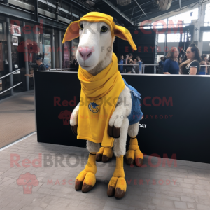 Yellow Boer Goat mascot costume character dressed with a Denim Shorts and Scarves