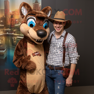 Brown Thylacosmilus mascot costume character dressed with a Boyfriend Jeans and Ties