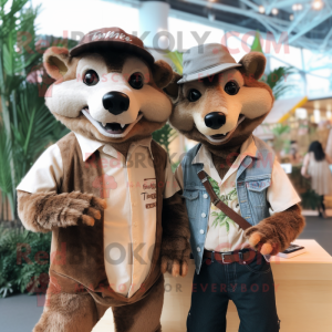 Brown Thylacosmilus mascot costume character dressed with a Boyfriend Jeans and Ties