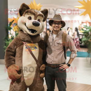Brown Thylacosmilus mascot costume character dressed with a Boyfriend Jeans and Ties