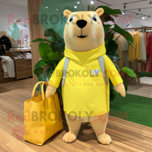 Lemon Yellow Capybara mascot costume character dressed with a Romper and Tote bags