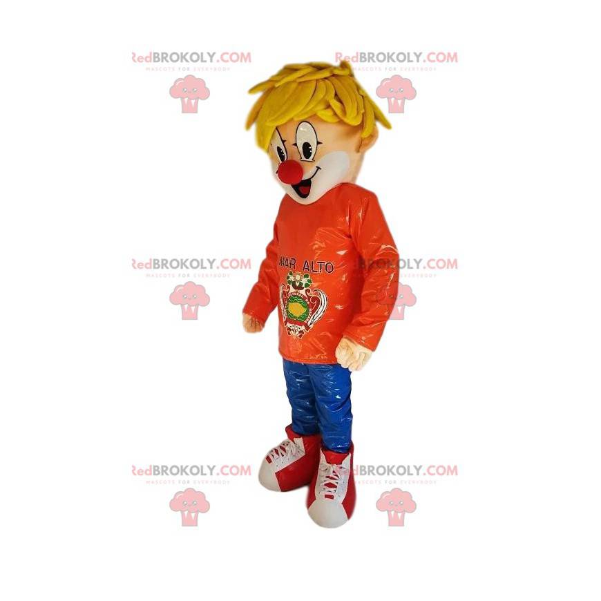 Maskot blond pojke med en clown näsa - Redbrokoly.com