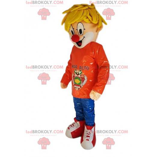 Maskot blond pojke med en clown näsa - Redbrokoly.com