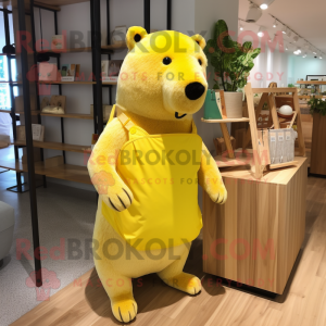 Lemon Yellow Capybara mascot costume character dressed with a Romper and Tote bags