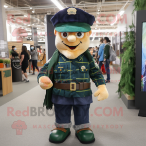 Green Navy Soldier mascot costume character dressed with a Flannel Shirt and Hat pins