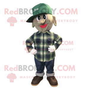 Green Navy Soldier mascot costume character dressed with a Flannel Shirt and Hat pins
