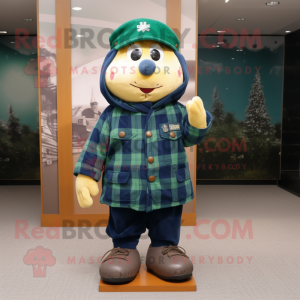 Green Navy Soldier mascot costume character dressed with a Flannel Shirt and Hat pins