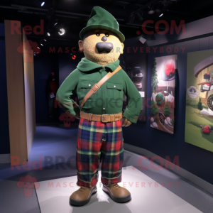 Green Navy Soldier mascot costume character dressed with a Flannel Shirt and Hat pins