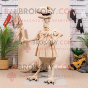 Beige Velociraptor mascot costume character dressed with a Maxi Dress and Shoe clips