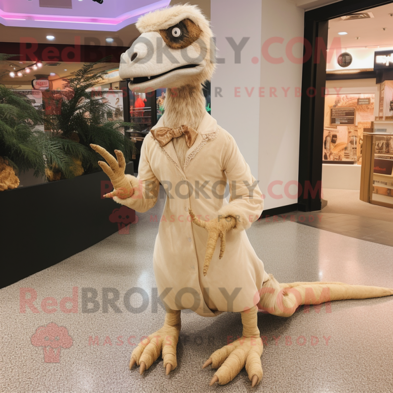 Beige Velociraptor mascot costume character dressed with a Maxi Dress and Shoe clips Beige Velociraptor mascot costume character dressed with a Maxi Dress and Shoe clips