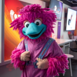 Magenta Emu mascot costume character dressed with a Playsuit and Beanies