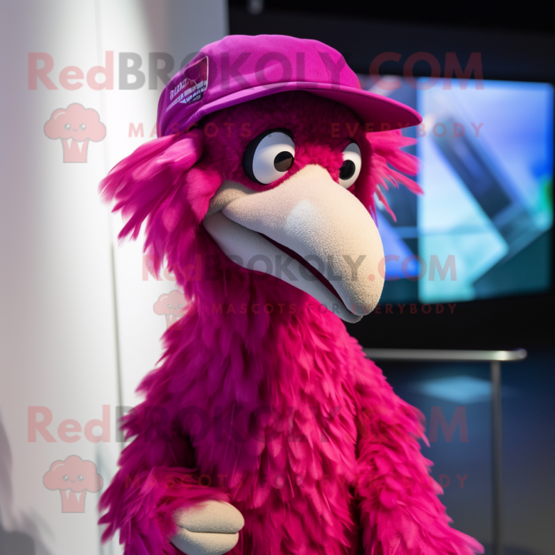 Magenta Emu mascot costume character dressed with a Playsuit and Beanies Magenta Emu mascot costume character dressed with a Playsuit and Beanies