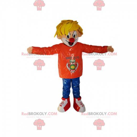 Maskottchen blonder Junge mit einer Clownnase - Redbrokoly.com