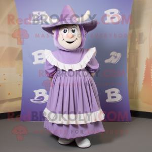 Lavender Beef Stroganoff mascot costume character dressed with a Pleated Skirt and Hat pins