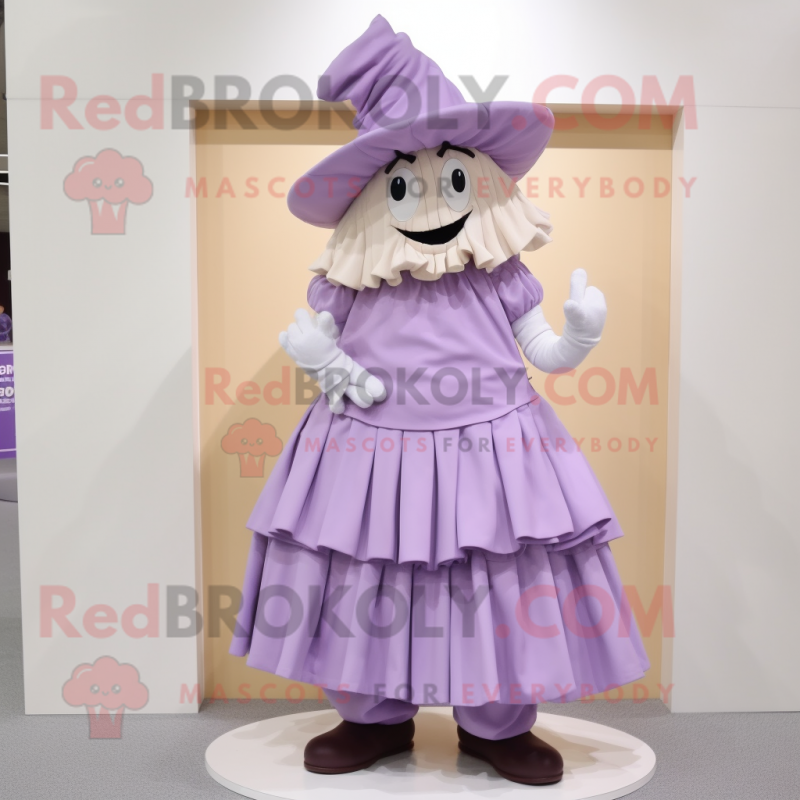 Lavender Beef Stroganoff mascot costume character dressed with a Pleated Skirt and Hat pins