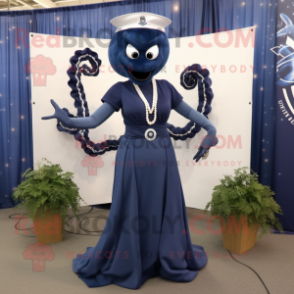 Navy Hydra mascot costume character dressed with a Maxi Dress and Necklaces