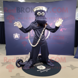 Navy Hydra mascot costume character dressed with a Maxi Dress and Necklaces