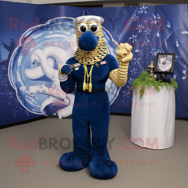 Navy Hydra mascot costume character dressed with a Maxi Dress and Necklaces