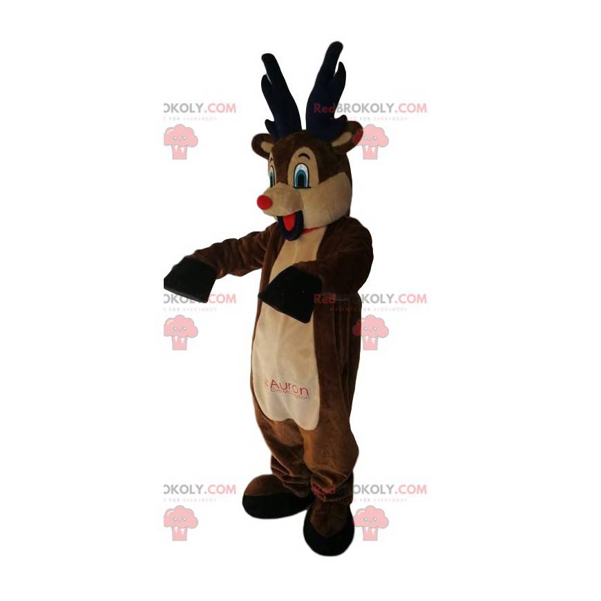Mascotte de renne comique avec son museau rouge. Costume de Mascotte de renne comique avec son museau rouge. Costume de