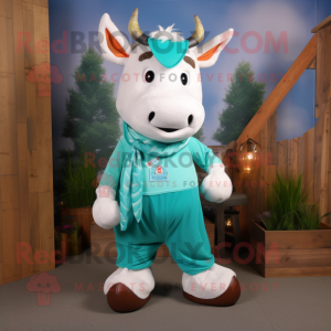 Turquoise Hereford Cow mascot costume character dressed with a Blouse and Shoe laces