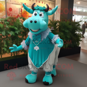 Turquoise Hereford Cow mascot costume character dressed with a Blouse and Shoe laces