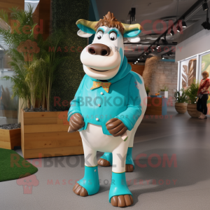 Turquoise Hereford Cow mascot costume character dressed with a Blouse and Shoe laces