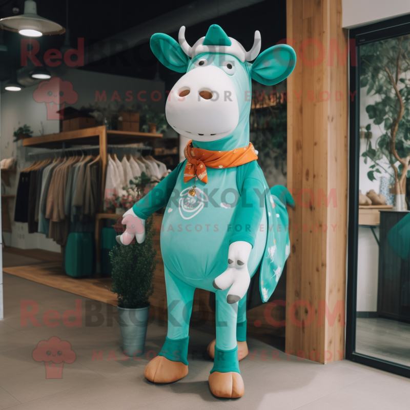 Turquoise Hereford Cow mascot costume character dressed with a Blouse and Shoe laces